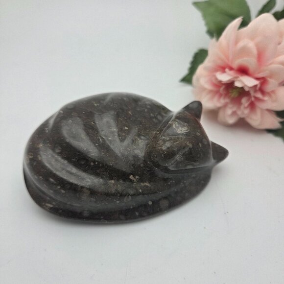 Black Sleeping Cat Kitty Natural Carved Fossil Stone Pakistan - Picture 1 of 12